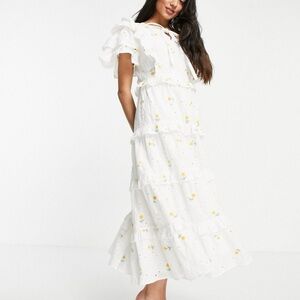 Just Me Eyelet Embroidered Midi Dress Floral Size XS Layered Ruffle